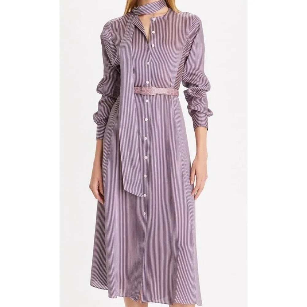Tory Burch Purple Striped Candystripe Viscose Shirt dress Belt Tie New Sz-6 898$